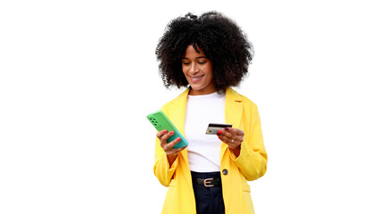 Cheerful businesswoman is using smartphone and credit card for online shopping on transparent background