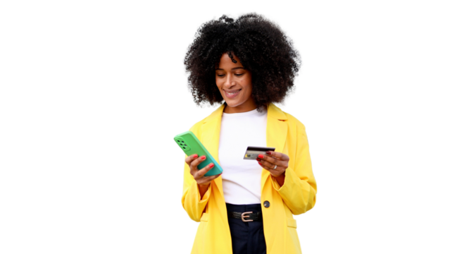 Cheerful businesswoman is using smartphone and credit card for online shopping on transparent background