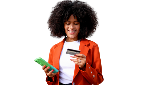 Cheerful manager making online payment using phone and credit card with transparent background