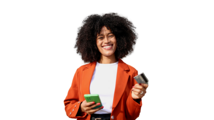 Smiling businesswoman holding smartphone and credit card on transparent background