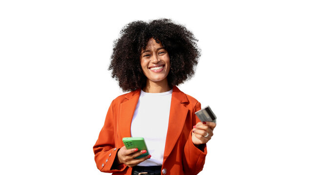 Smiling businesswoman holding smartphone and credit card on transparent background