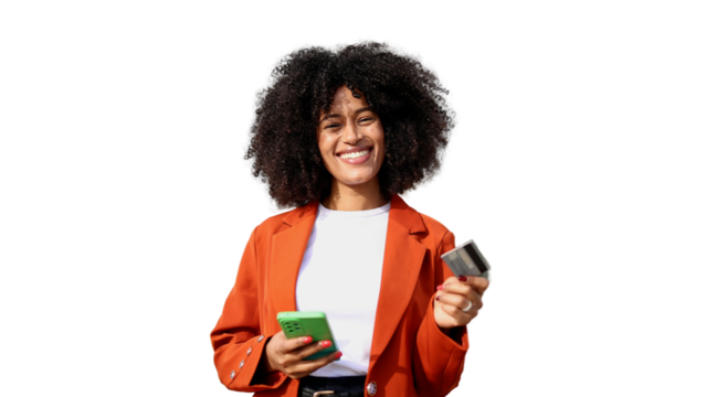 Smiling businesswoman holding smartphone and credit card on transparent background