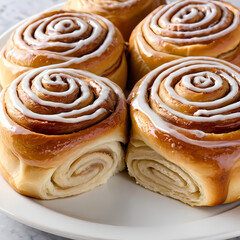 Fototapeta premium Cinnamon rolls, one plain and one drizzled with icing, showcasing a perfect spiral of golden brown dough 