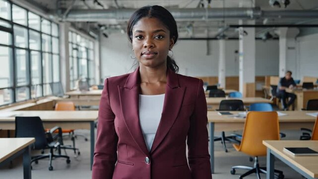 A confident African American businesswoman in a burgundy suit walks in a modern open-plan office, looking directly ahead.