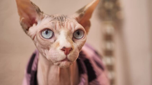 Portrait of a big-eyed, long-eared, bald sphinx cat looking and concentrating on something. Cream-colored sphinx cat breed. Hairless cats. Blue-eyed cat