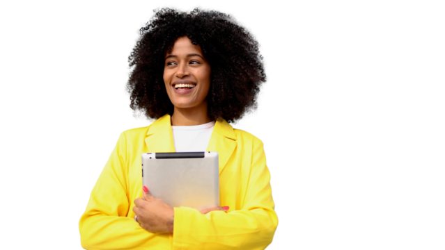 Smiling young woman holding tablet with transparent background