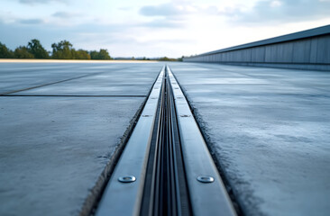 Concrete rooftop parking area shows expansion joint. Rubber strip with stainless steel cover forms gap between concrete slabs. Construction design details visible. Modern infrastructure on building