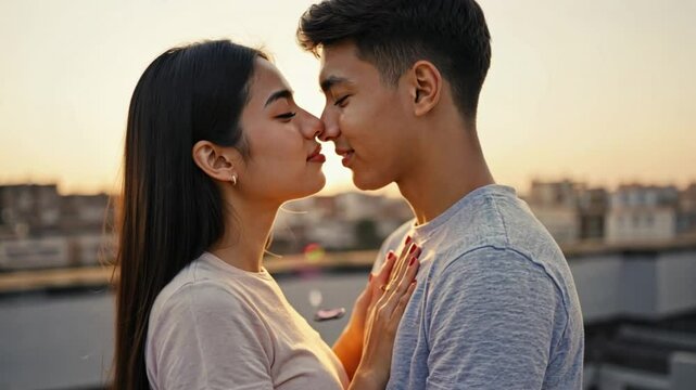 A young Asian couple stands closely on a rooftop at sunset, gazing into each other&rsquo;s eyes before sharing a kiss. Concept of love, romance, and emotional connection.