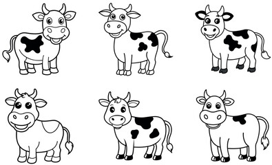 Fototapeta premium Six adorable cartoon cow illustrations in a simple black and white line art style.