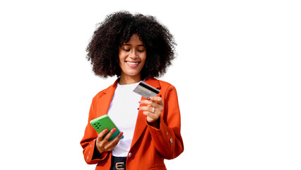 Smiling afro businesswoman making online payment using smartphone and credit card on transparent background