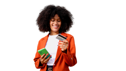 Smiling afro businesswoman making online payment using smartphone and credit card on transparent background