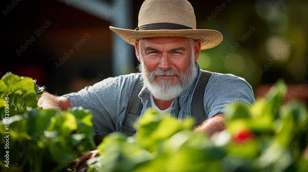 Poster man in a straw hat is standing in a garden. he is smiling and he is enjoying himself