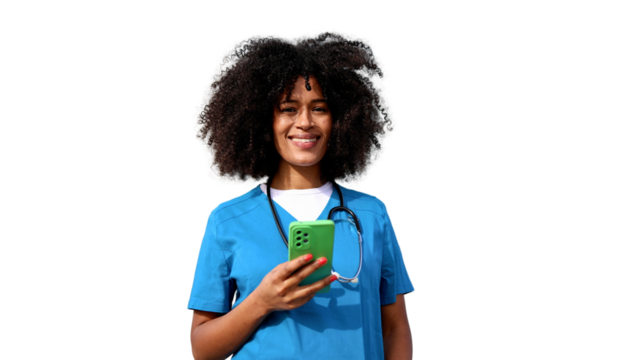 Smiling doctor using smartphone on transparent background