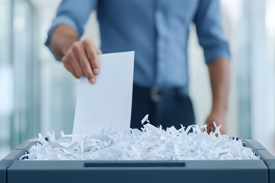 Document disposal: Anonymous person shredding a paper. Privacy, data security and office work concept. Shredded pieces of paper already in container.
