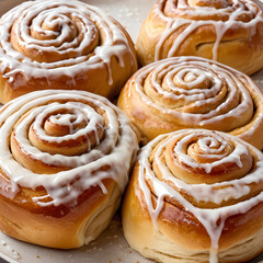 Fototapeta premium Cinnamon rolls, one plain and one drizzled with icing, showcasing a perfect spiral of golden brown dough 