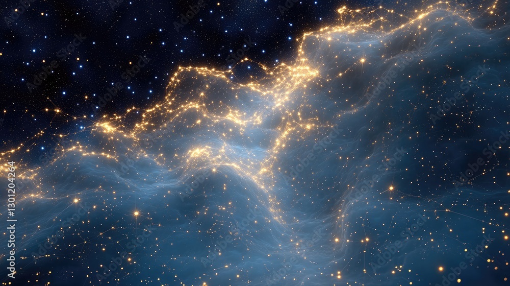 Poster financial data illuminated like constellations, glowing web of starlit patterns representing busines