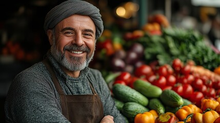 Fototapeta premium A smiling Arab man embraces a healthy lifestyle by enthusiastically shopping at the eco market, his cart loaded with a colorful array of nourishing vegetables.
