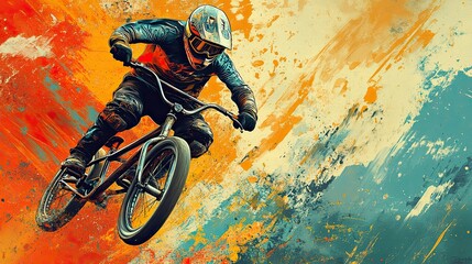 BMX Biker Poster Against Abstract Background: A dynamic poster of a BMX biker, set against an abstract, energetic background, perfect for extreme sports 