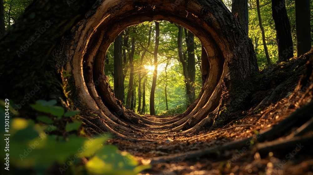 Poster forest trees form a mesmerizing spiral pattern, with golden light pouring through the gaps between l