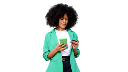 Young woman making online payment using smartphone and credit card on transparent background