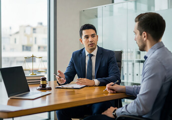 Business Lawyer Consulting a Client in a Modern Office