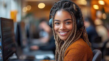 A smiling call center employee in headphones works at her computer, colleagues busy in the background.