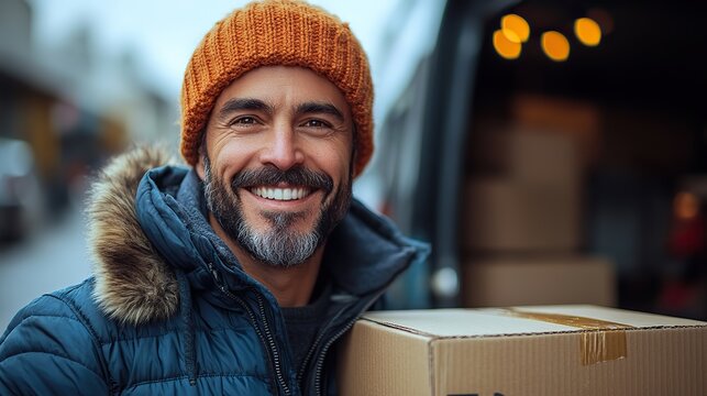 A smiling delivery expert, embodying efficiency and reliability, holds a cardboard box in front of a vehicle in this snapshot of a professional moving service.