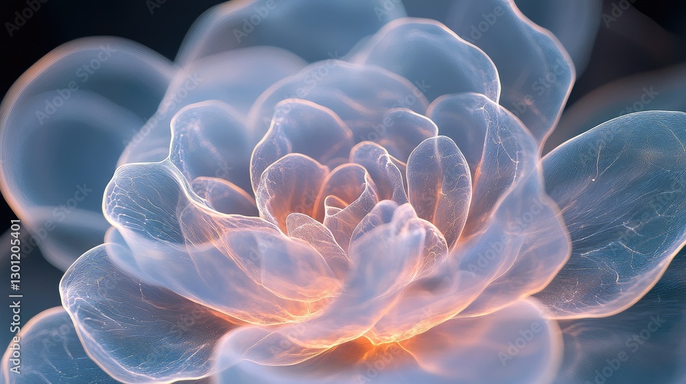 Poster luminescent petals moving rhythmically in twilight, surreal spiral design through layered exposures,