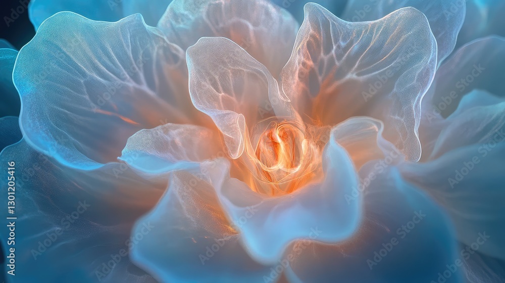 Poster luminescent petals moving rhythmically in twilight, surreal spiral design through layered exposures,