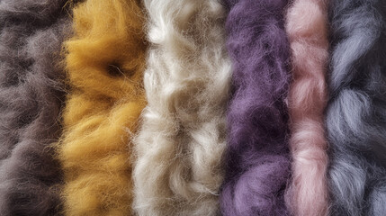 Fototapeta premium Close-up of colorful fluffy fibers in various shades arranged side by side