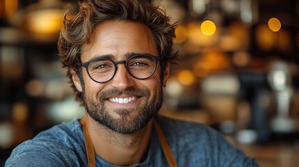 Obraz premium A smiling man with glasses and a beard sits in a cozy kitchen with warm lighting.