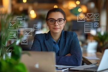 Photo portrait of an attractive young woman working remotely as a social media manager, modern office interior, stylish workplace, wearing a blue business shirt