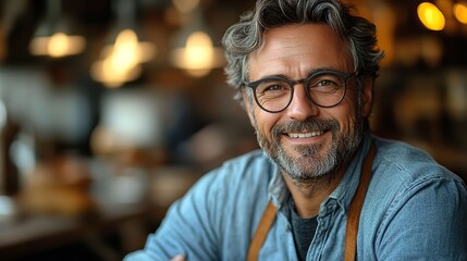 Obraz premium A smiling man with glasses and a beard sits in a cozy kitchen with warm lighting.