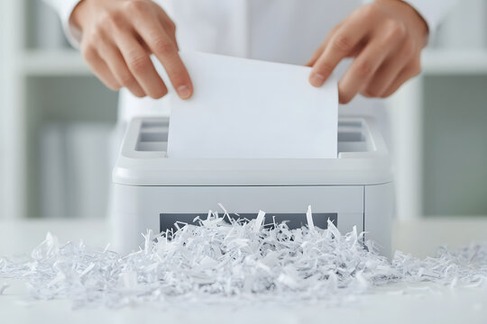 Document Destruction: Person shredding paper into a shredder, emphasizing data security and confidentiality. Secure disposal of sensitive information.