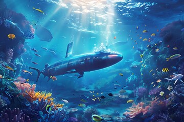 Fototapeta premium a picture of underwater sea with sea creatures swimming around a submarine