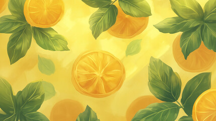 Vibrant illustration of lemon slices and fresh mint leaves on a sunny yellow background