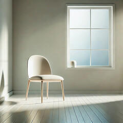 A minimalist and aesthetic composition featuring a serene interior. A single white chair with a curved modern design sits in an empty room