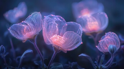 Twilight wildflower meadows glowing in soft neon light, layered exposure for depth, petals swirling in a mesmerizing spiral pattern