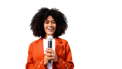 Motivational speaker inspiring audience with enthusiastic speech on transparent background