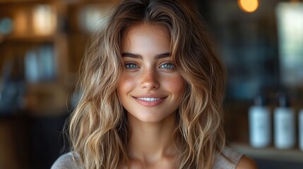 A smiling young woman with a perfect hairstyle sits in a hair salon with beauty products.