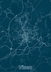 This is a detailed map of the city of Viseu, Portugal. The map is rendered in a minimalist style with white lines representing roads and streets against a deep teal background.