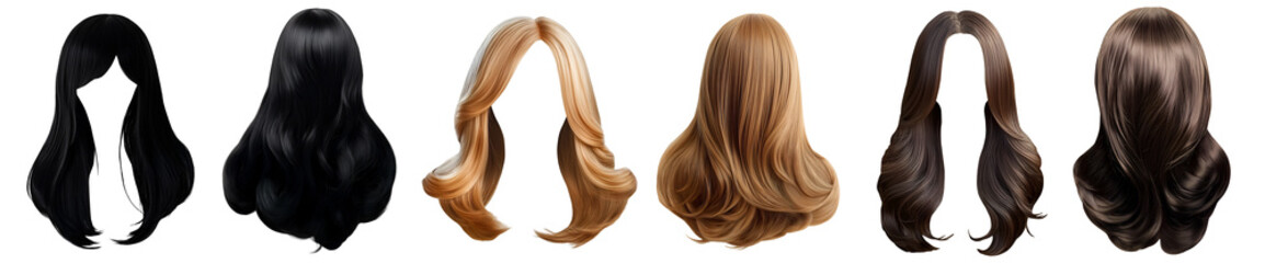Fototapeta premium 3 Set of back front wig hair hairpiece, hairstyle disguise hairdo on transparent cutout PNG. Many different style, long black blond ginger brunette wavy fringe. Mockup template for design