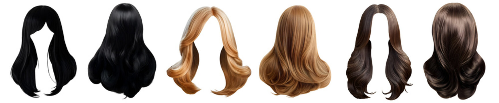 3 Set of back front wig hair hairpiece, hairstyle disguise hairdo on transparent cutout PNG. Many different style, long black blond ginger brunette wavy fringe. Mockup template for design

