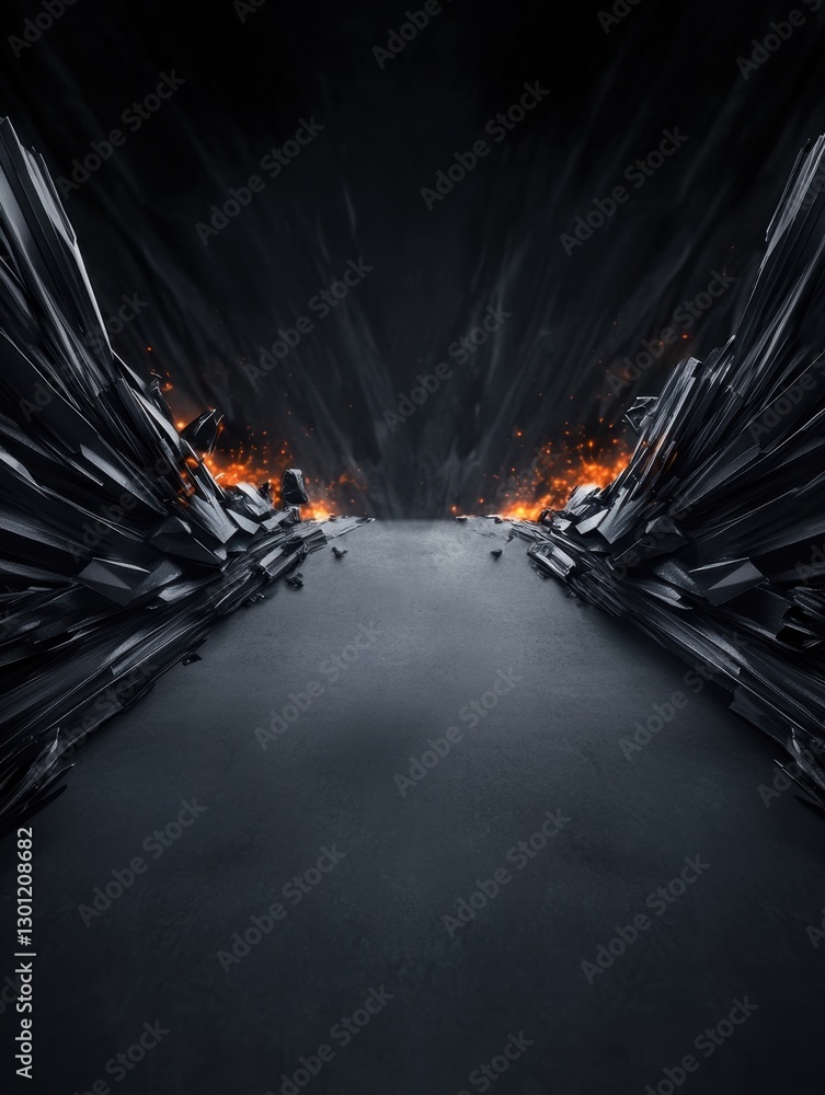 Poster abstract dark tunnel with geometric structures and fiery sparks, creating a dramatic perspective