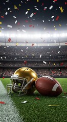 Golden football helmet, ball on the field, confetti in the air, moment of triumph, team celebrating victory