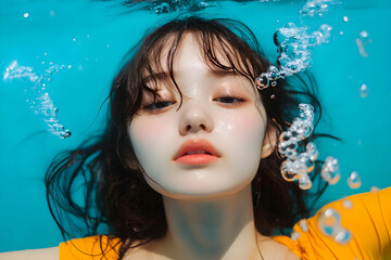 Capturing serenity underwater with a young woman surrounded by bubbles in a vibrant blue pool on a sunny day