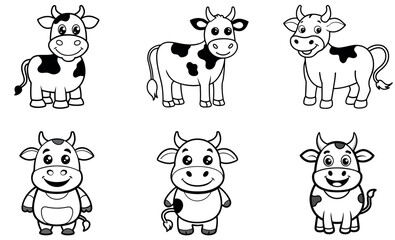 Cute Black and White Cartoon Cows for Coloring Books
