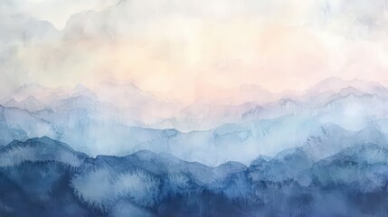 Delicate watercolor landscape of undulating mountains and ethereal sky tones