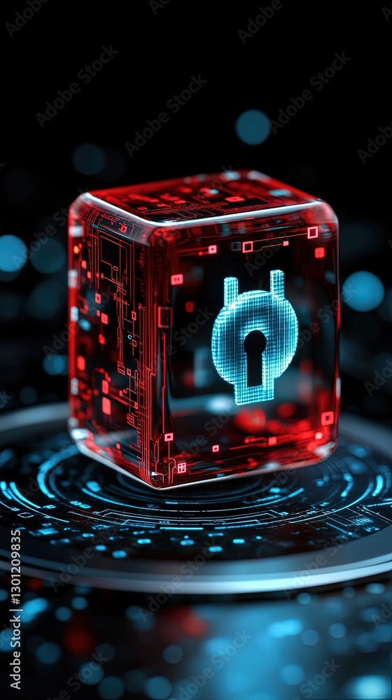 Aufkleber futuristic digital cube with lock icon and circuit patterns in red and blue lighting effects