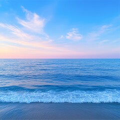 Obraz premium A serene seascape featuring calm waters under a pastel sky at dusk, Ideal for travel blogs, relaxation themes, or nature projects, conveying tranquility and natural beauty,